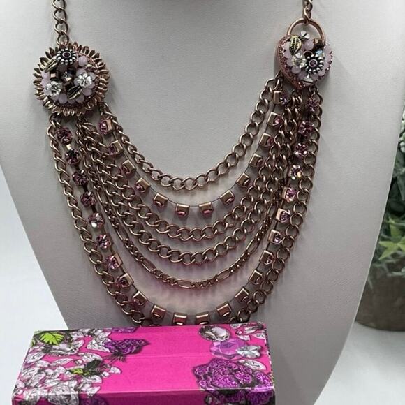 Betsey Johnson Pink Rose Gold-Tone Woven Charm MultiChain Necklace New with Box - Picture 2 of 15